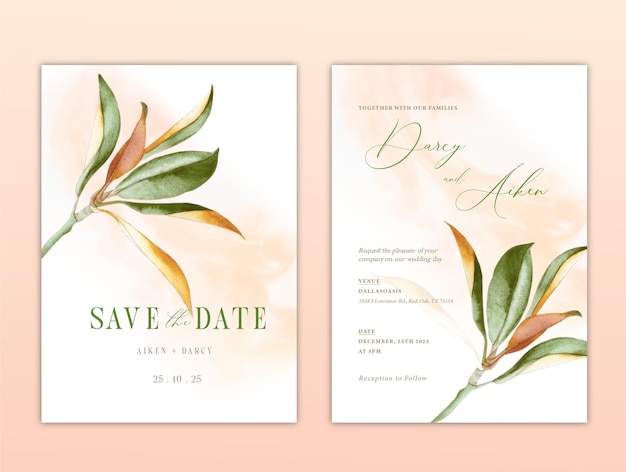 PSD save the date card with eucalyptus leaves