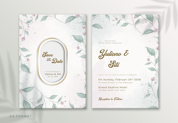 PSD save the date card with a floral and leaves pattern watercolor