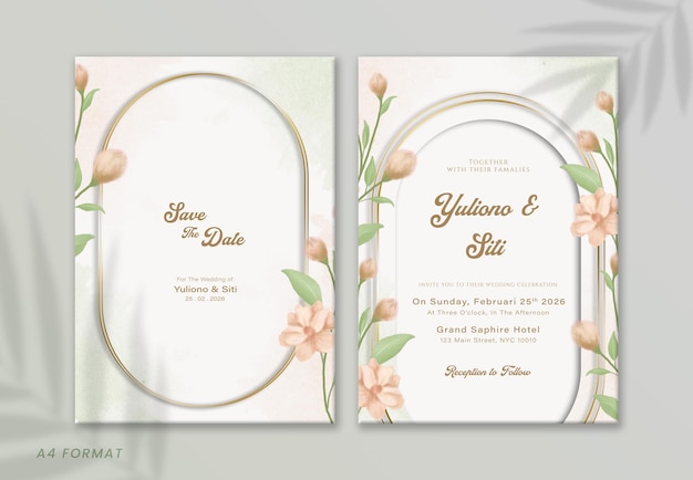 PSD save the date card with flowers and leaves watercolor