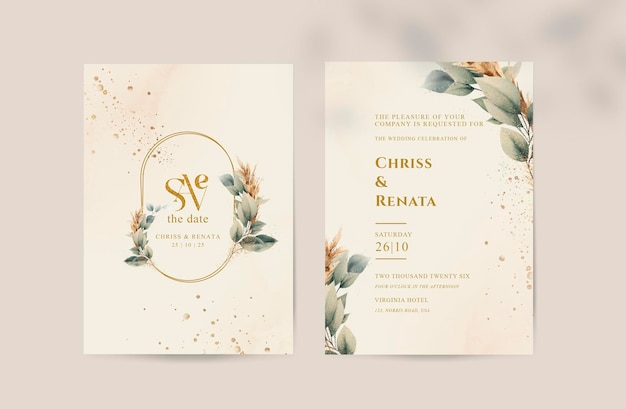 Save the date card with gold leaves and plants