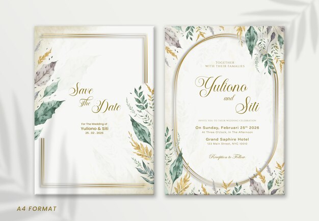 PSD save the date card with leaves and flowers