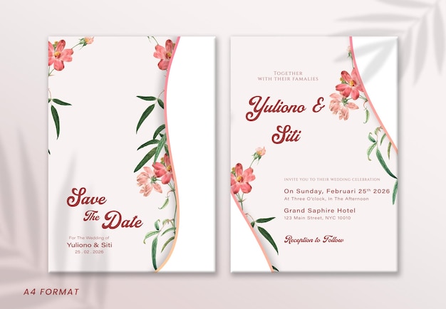 Save the date card with pink flowers and leaves