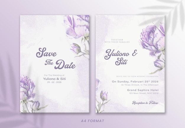 Save the date card with purple flowers