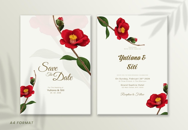 PSD save the date card with red flowers and leaves