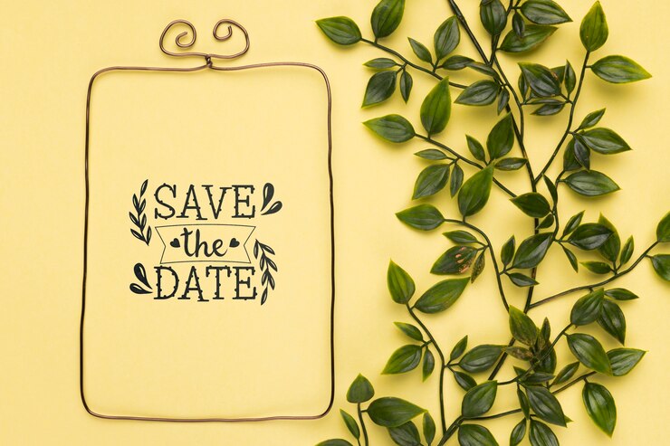 PSD save the date mock-up minimalist frame and leaves