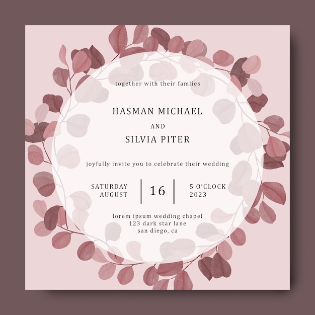 PSD save the date template with watercolor eucalyptus leaf frame template