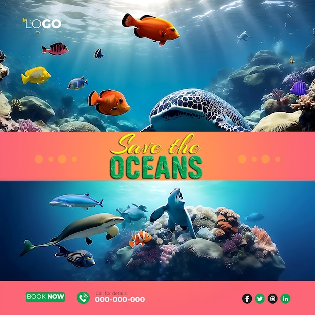 PSD save the oceans world oceans day 소셜 미디어 배너 템플릿 ai 생성