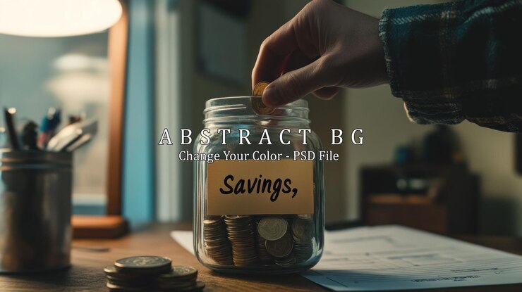 PSD saving money a person putting coins into a glass jar labeled savings