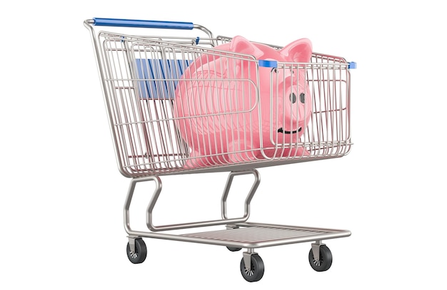saving money when shopping concept shopping cart with piggy bank 3d rendering isolated on transparent background
