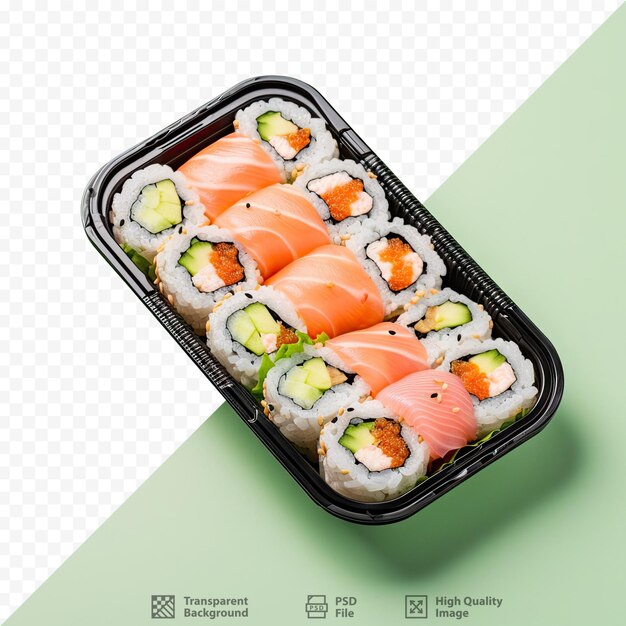 Savory sushi roll with cheese cucumber salmon and chuka presented on a tray