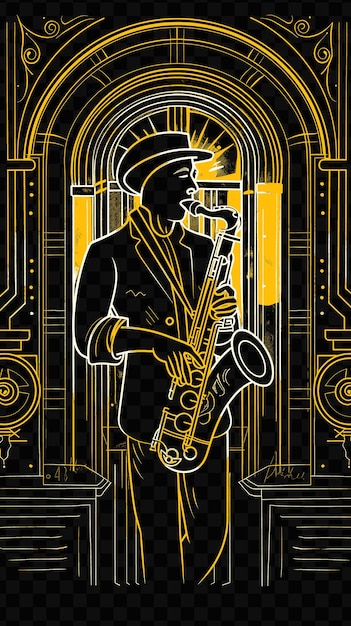 스모키 재즈 클럽에서 색소폰 연주자 아트 데코 세부 사항 포스트 세계 음악 날 포스터 배너 포스트카드