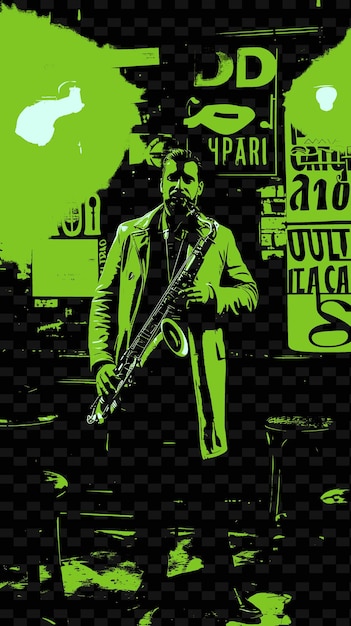 PSD sassofonista in un club jazz con illuminazione debole e posture vintage illustrazione poster musicali