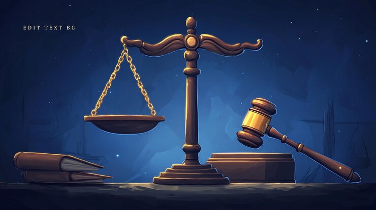 PSD scales of justice gavel and law books on dark background