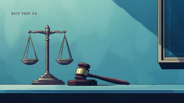 PSD scales of justice and gavel on a shelf against a blue wall
