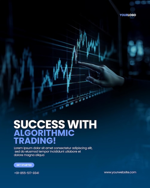 Scalping algorithms graphs poster template with hand pointing at stock market chart on led screen displaying trends and data