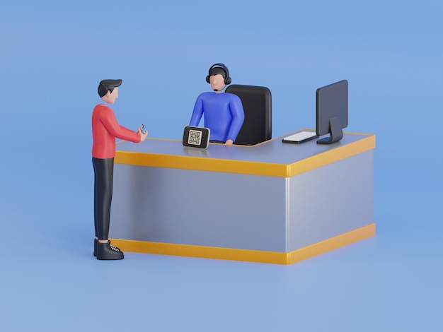 Scan Payment 3D Illustration Scan QR-code op tafel en online betaling scan QR-code mobiele telefoon voor digitaal betalingsconcept