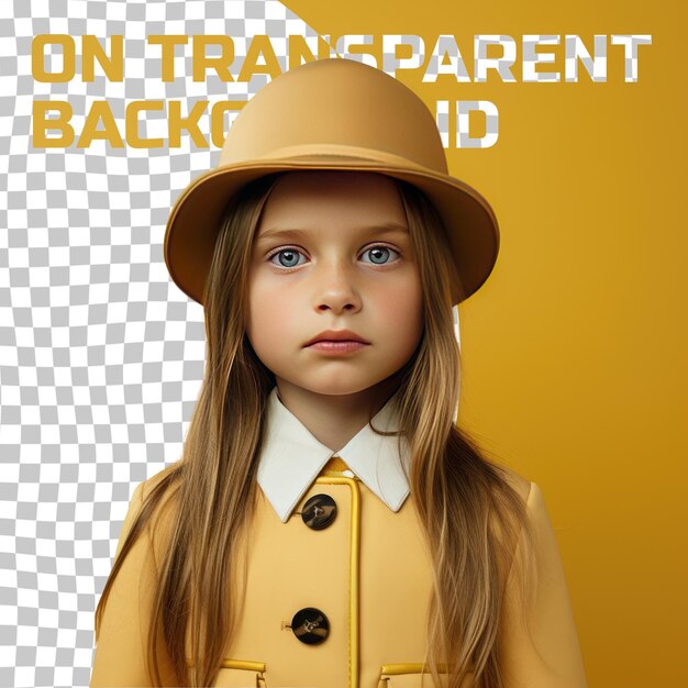 PSD scandi doll defiant youth in diplomat garb gazing through hat prop amidst lemon palette