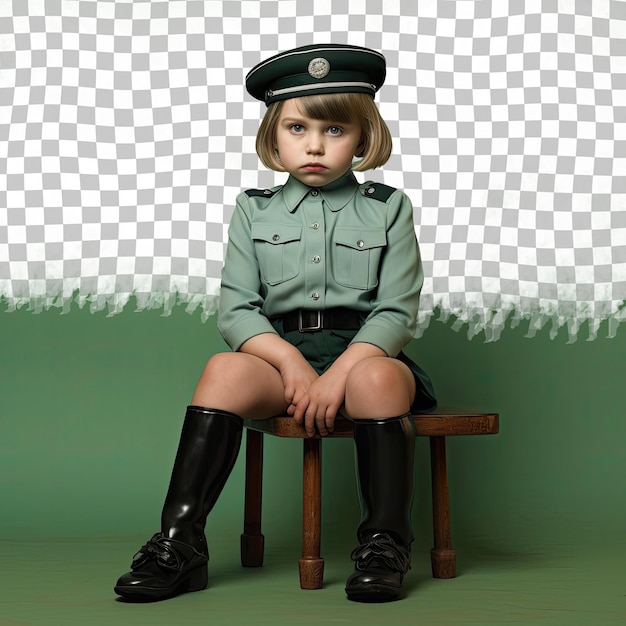 Scandi girl cop frustrated kid with short hair strikes pose against pastel green backdrop