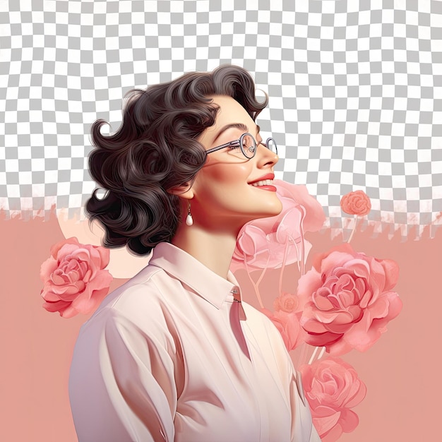 PSD scandinavian chemist jubilant adult with wavy hair in profile silhouette on pastel rose
