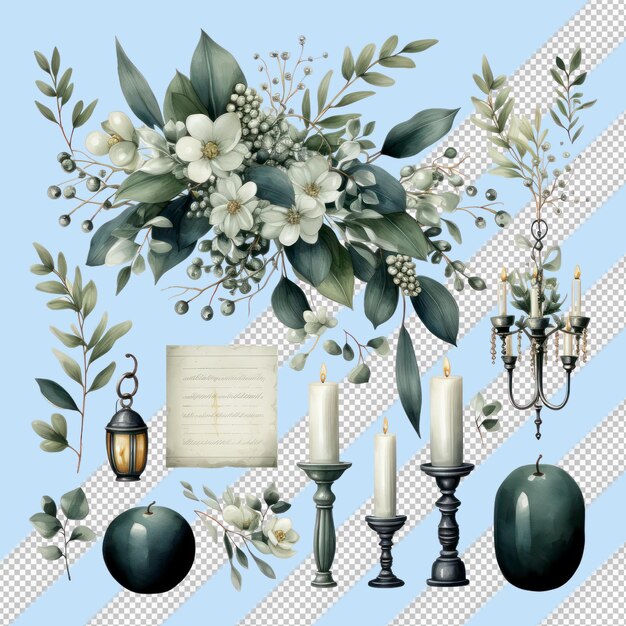 PSD scandinavian watercolor wedding ornaments with white leaves and flowers on transparent background