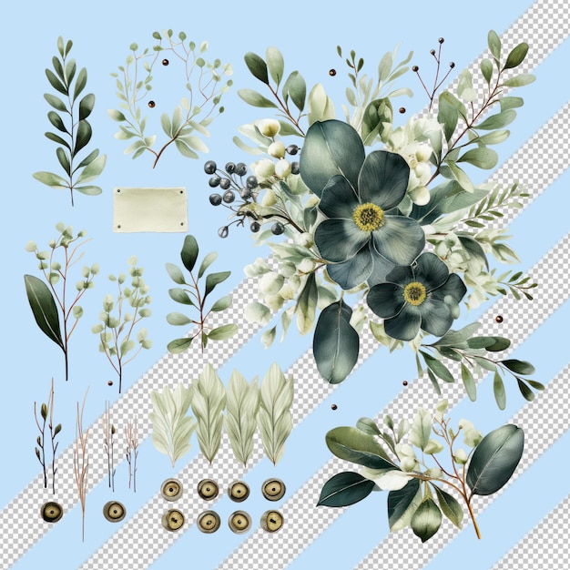 PSD ornamenti nuziali in acquerello scandinavi con foglie e fiori bianchi su sfondo trasparente