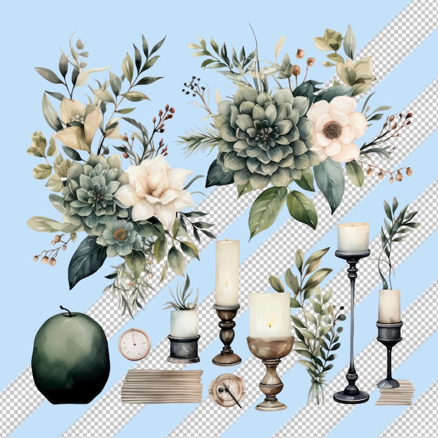 PSD scandinavian watercolor wedding ornaments with white leaves and flowers on transparent background