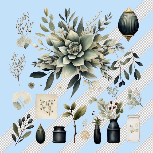 PSD scandinavian watercolor wedding ornaments with white leaves and flowers on transparent background