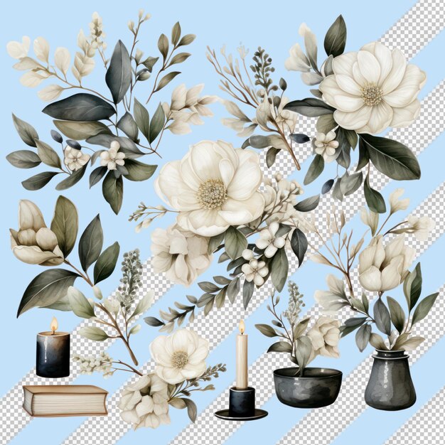 PSD scandinavian watercolor wedding ornaments with white leaves and flowers on transparent background