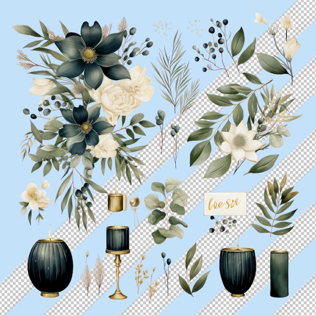 PSD scandinavian watercolor wedding ornaments with white leaves and flowers on transparent background