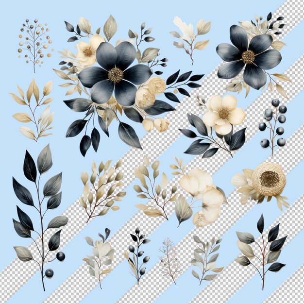 PSD scandinavian watercolor wedding ornaments with white leaves and flowers on transparent background