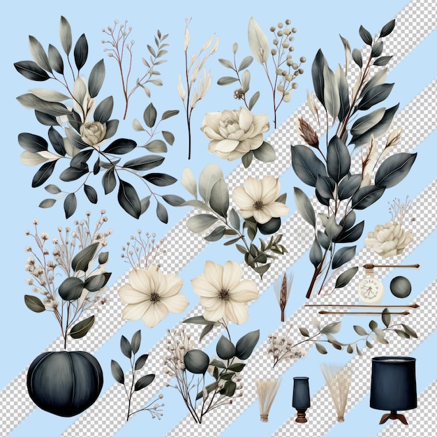 PSD scandinavian watercolor wedding ornaments with white leaves and flowers on transparent background
