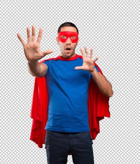 Scared superhero posing