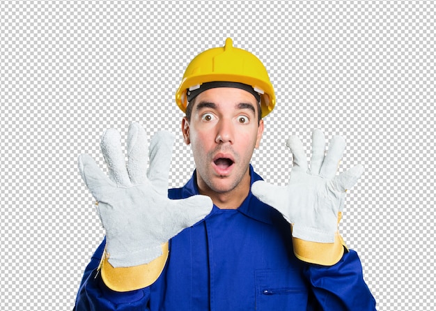 PSD scared worker on white background