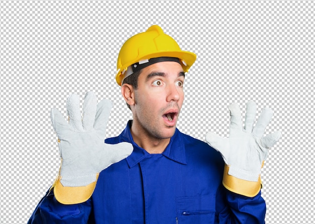 Scared worker on white background