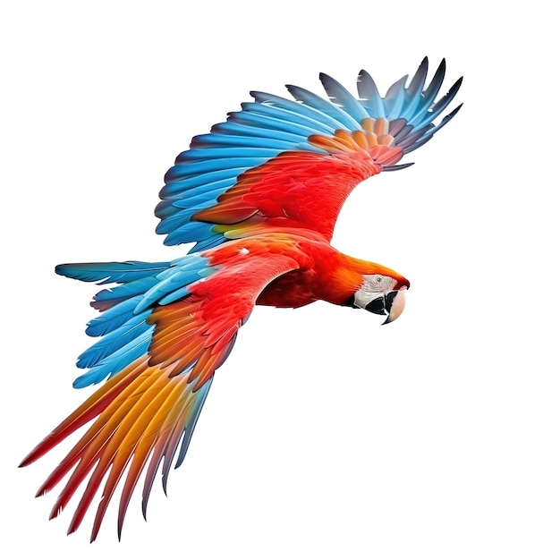 PSD scarlet macaw papegaai vliegt geïsoleerd op een witte achtergrond