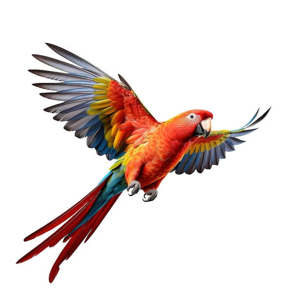 PSD scarlet macaw parrot flying isolated on white background