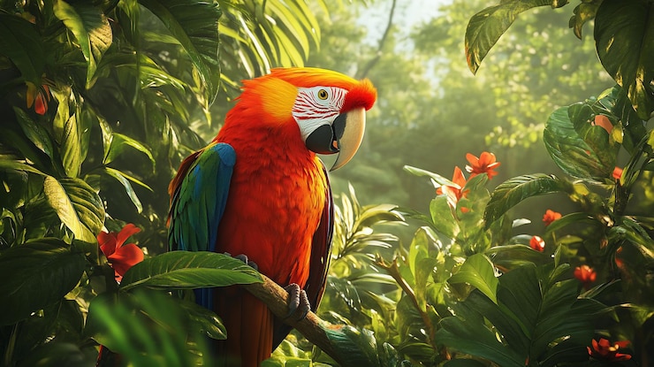 PSD scarlet macaw perched on a branch in a lush rainforest sunlight filtering through leaves