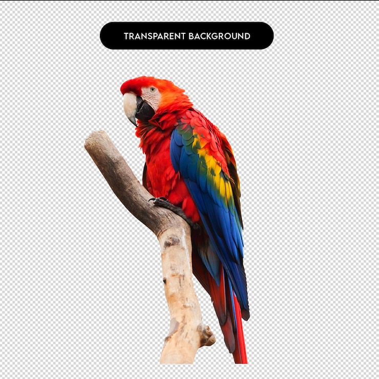 PSD scarlet macaw perched on a branch with a transparent background