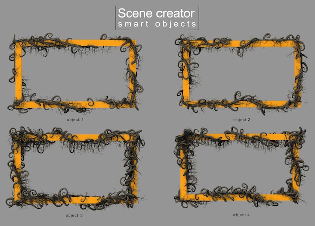 PSD Страшная ветвь дерева, ползущая на пустой прямоугольной рамке создателя сцены