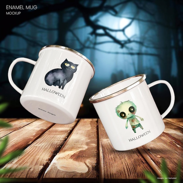 PSD scary enamel mug mockup of two mugs on a halloween background with an eerie forest in the background