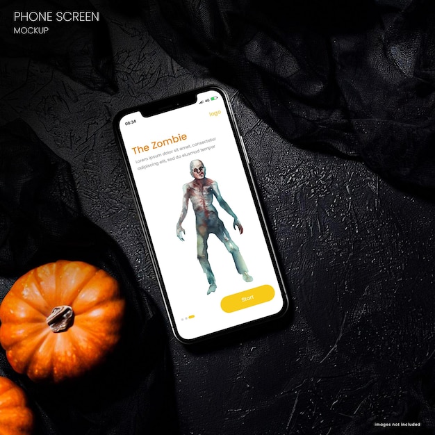 PSD mockup spaventoso di iphone 15 su un tavolo scuro con decorazioni di halloween sullo sfondo