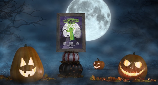 PSD scary pumpkins with horror movie poster mock-up