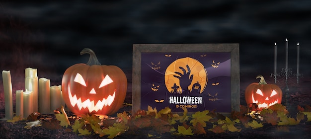 Scary pumpkins with horror movie poster