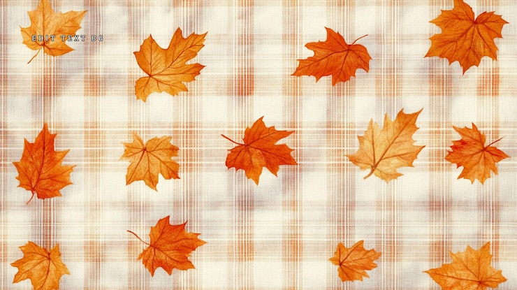 PSD scattered autumn maple leaves on a beige and orange plaid fabric background