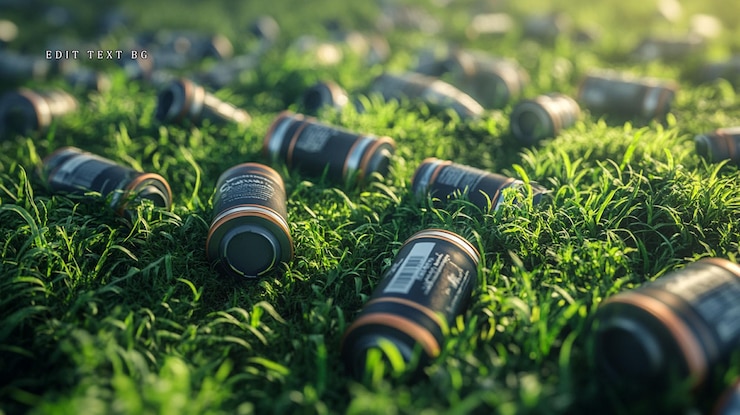 PSD scattered cylindrical batteries lie discarded on lush green grass in sunlight