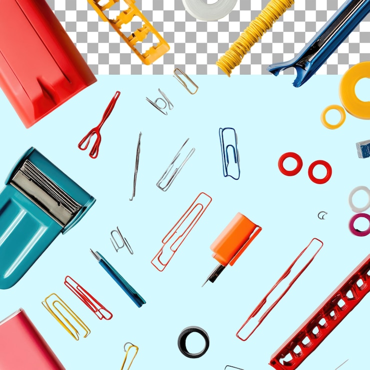 PSD 散らばった学校のオフィス用品 隔離された透明なpng背景のステップ