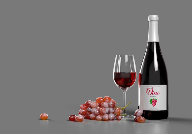 Scena butelki wina z winogron i makieta kieliszek do wina szablon 3d render.