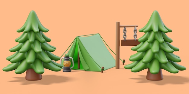 Scena ilustracji 3D namiot kempingowy kerozyna latarnia sosna drewniana wskazówka przygoda podróżnicza