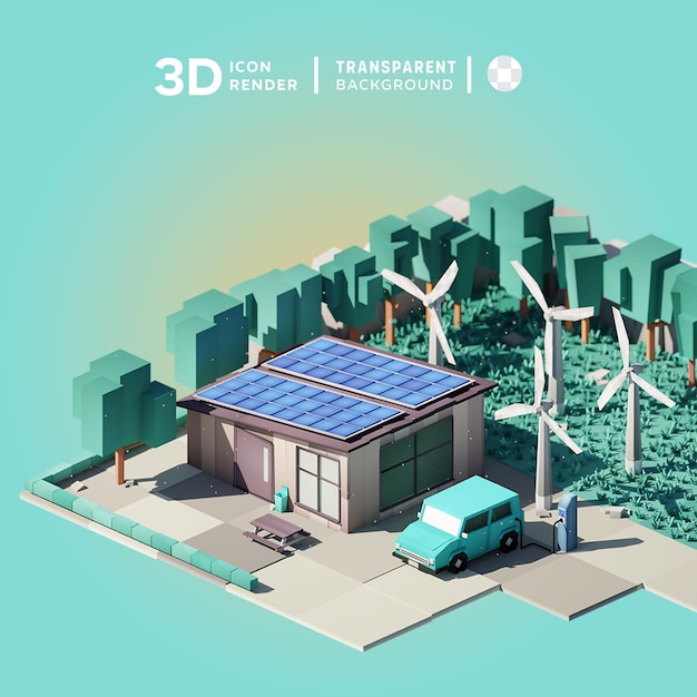 PSD scene car and house with turbine 3d illustration rendering 3d icon colored isolated