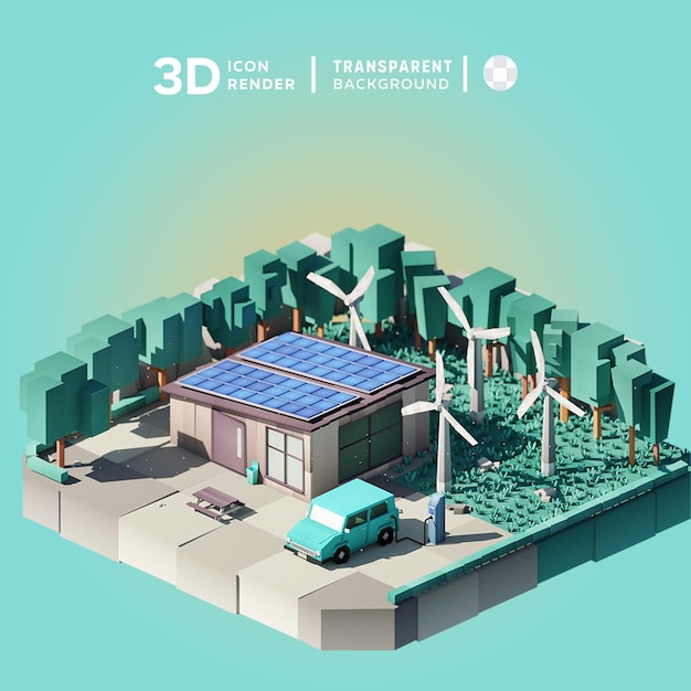 PSD scena auto e casa con turbina illustrazione 3d rendering icona 3d colorato isolato
